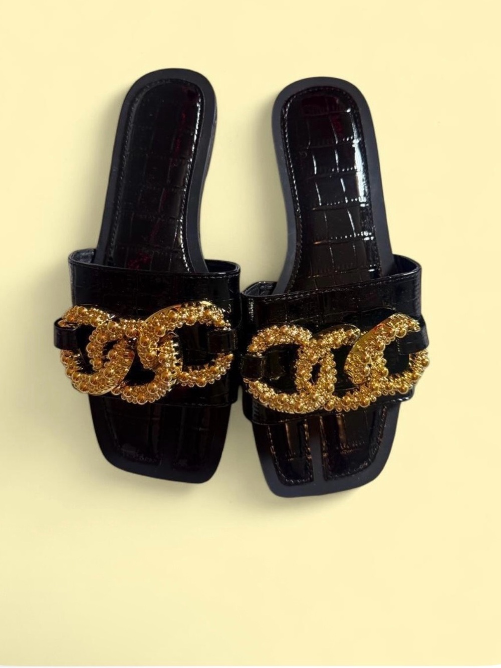 Black Gold Buckle Crocodile Print Slide Sandals